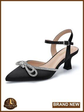 Wide Width Kitten Heel Rhinestone Bow Pointed Toe Ankle Strap Pumps
